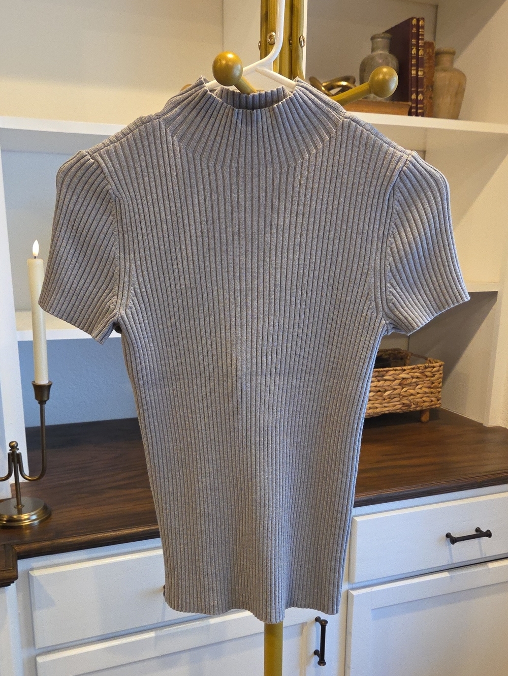 Nine West Ribbed Turtleneck Short-Sleeve Top - Light Gray